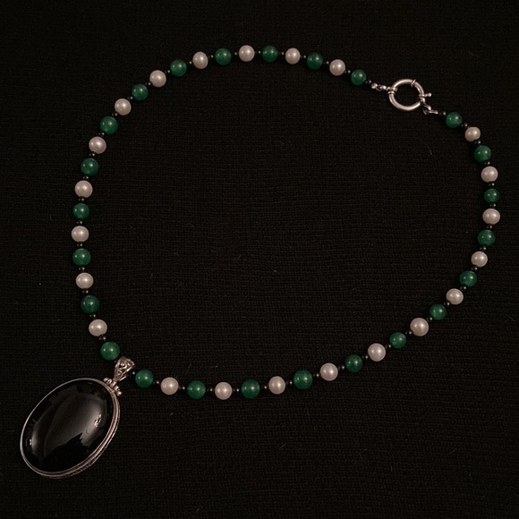 Black Onyx Pendant, Pearl, Jade and Onyx Necklace - Picture 5 of 11